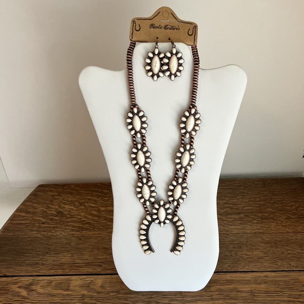 Rustic Couture Southwestern Necklace Earrings Set White Faux Stone Copper Tone